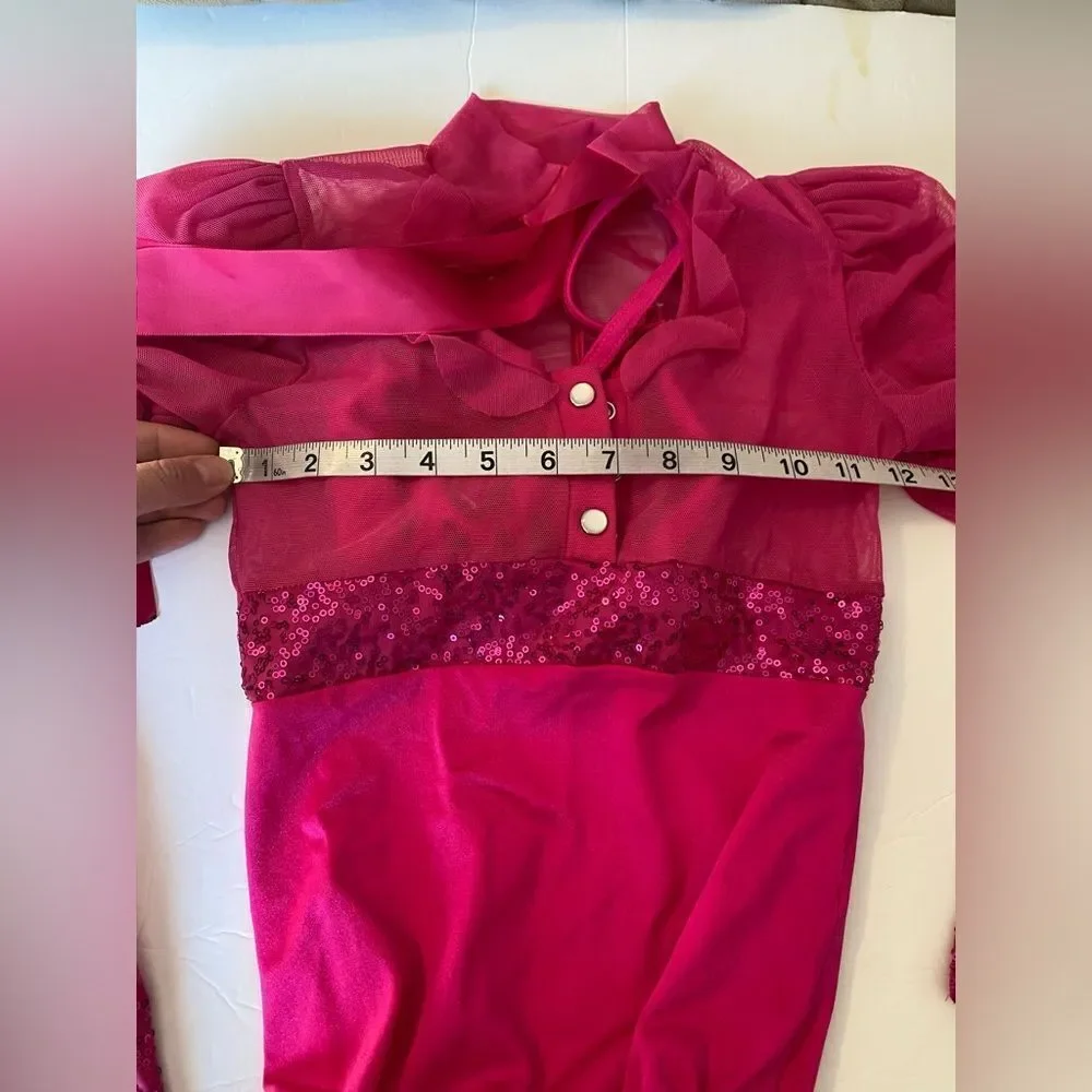 Kelle solo dance costume hot pink 2 piece leotard halter long sleeve mesh MC